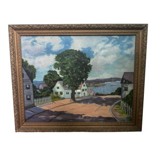 Vintage Signed Coastal Harbor Oil Painting in Ornate Gilt Frame, 1958 For Sale