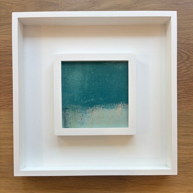 Acrylic on canvas covered cradled wood panel, framed in a duo style white wooden frame, 13 x 13 x 1.5. Back wired, ready...