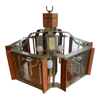 1970’s Frederick Ramond Brass and Oak Chandelier For Sale