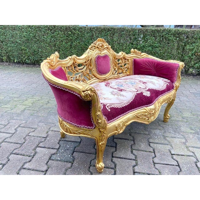 Late 20c French Louis XVI Red Velvet Gilt Beech Settee For Sale - Image 13 of 13