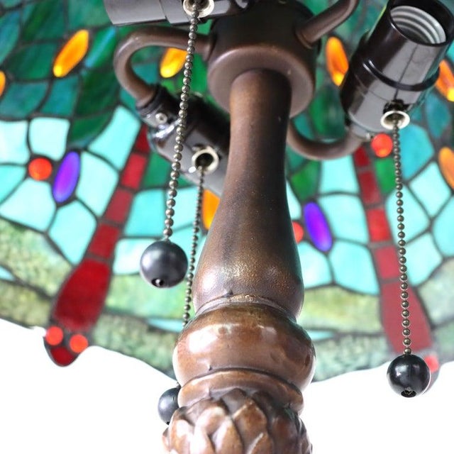 Blue Late 20th Century Tiffany Style Stained Leaded Glass Table Lamp With Jewels For Sale - Image 8 of 12