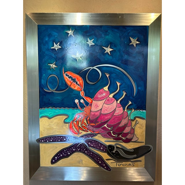 Contemporary “Original Signed Tomas Panzarino Coastal Mixed Media Crab and Starfish Painting “ For Sale - Image 3 of 6