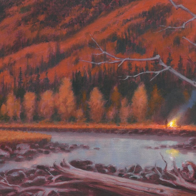Early 21st Century Passing Through by Mark Harrison | Oil on canvas Landscape with mountains and a river at sunset For Sale - Image 5 of 5