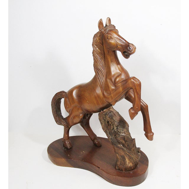 Mid-Century Modern Mid-Century Hand-Carved Wooden Rearing Stallion on Natural Base – 17.5"h For Sale - Image 3 of 18