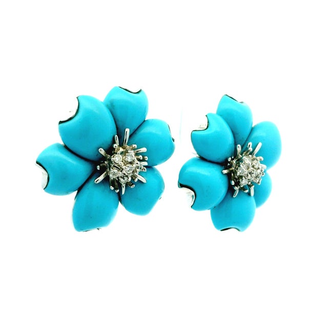 Circa 1980s Italian 18k White Gold Persian Turquoise and Diamond Floral Earrings For Sale In Miami - Image 6 of 12