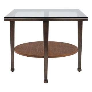 Modern Greg Sheres Style Bronze and Walnut End Table with Glass Top For Sale