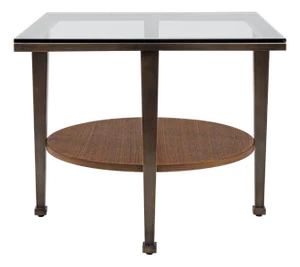 Modern Greg Sheres Style Bronze and Walnut End Table with Glass Top