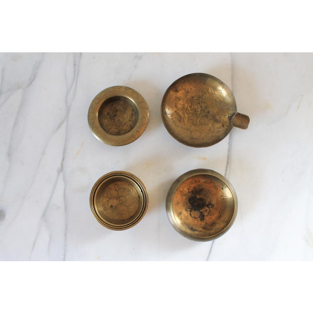 Vintage Chinese Nesting Etched Brass Ashtray Set For Sale - Image 4 of 12