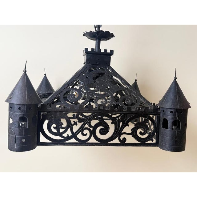 Antique Gothic Revival Wrought Iron Castle Chandelier with Turrets, 1910 For Sale - Image 3 of 18