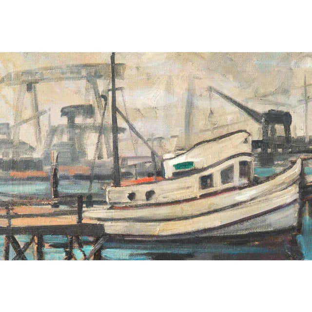 A mid-century oil of a tugboat moored in a calm harbor with a view towards a misty industrial port landscape beyond....