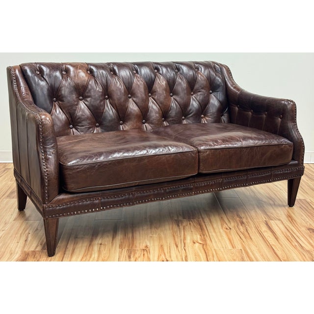 Vintage Tufted Leather Settee Sofa With Nailhead Trim For Sale - Image 4 of 18