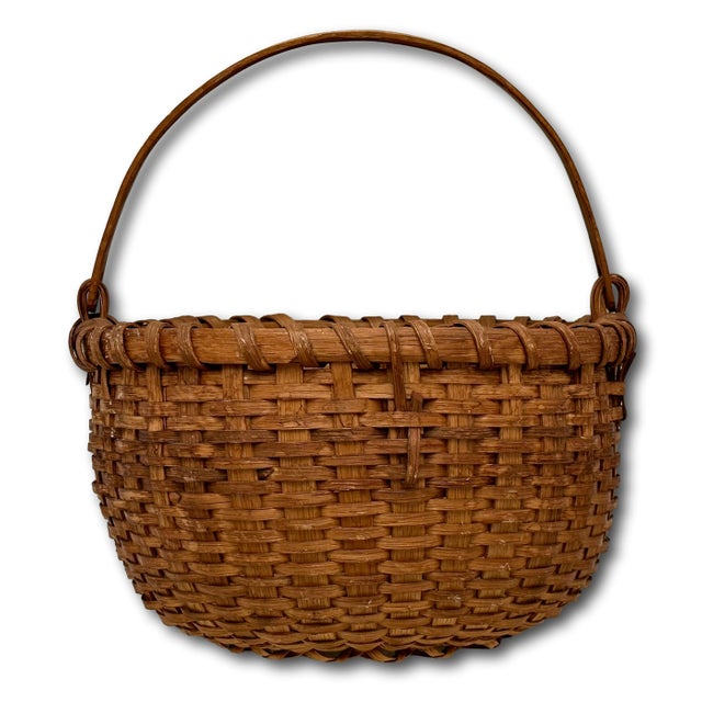 Antique Late 19th Century American Hand Woven Ash Wood Splint Swing Handle Carry Basket - Nice Color & Patina For Sale - Image 14 of 18