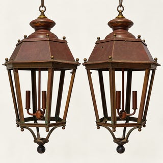 Mid 20th Century French Large Scale Hexagon Copper / Cast Iron & Brass Three Light Lanterns - Pair For Sale