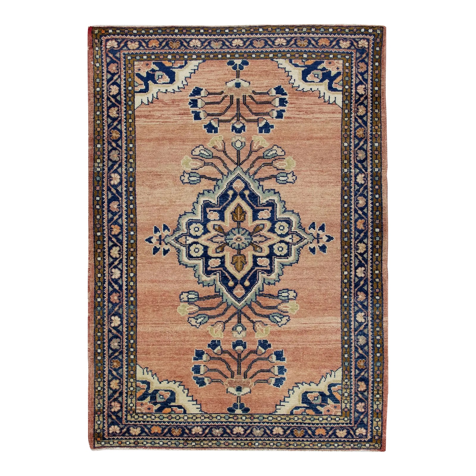1960s Salmon & Blue Vintage Turkish Rug 3'6
