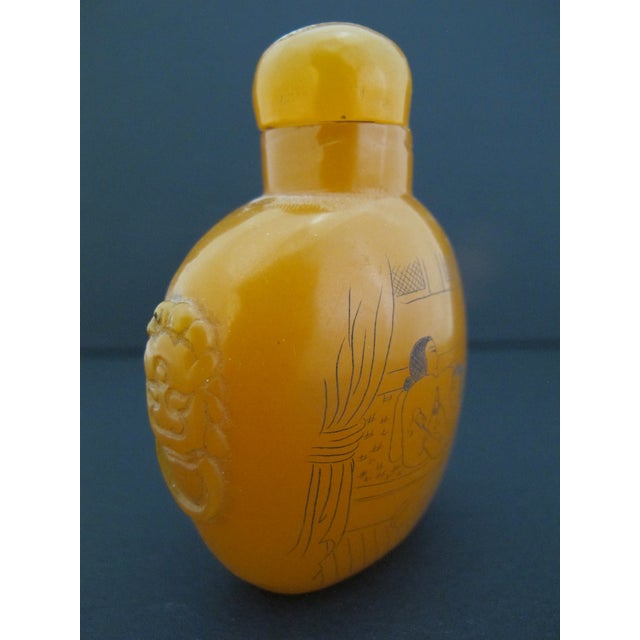 Figurative Chinese Erotic Orange Engraved Mock Mask Ring Handle Snuff Bottle For Sale - Image 3 of 11