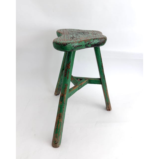 Farmhouse Rustic Green Painted Elm Stool For Sale - Image 3 of 8