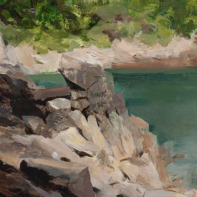 Contemporary Light Among Rocks by Jon Doran | Oil on Panel Rocky Cove With Turquoise Water For Sale In Denver - Image 6 of 9