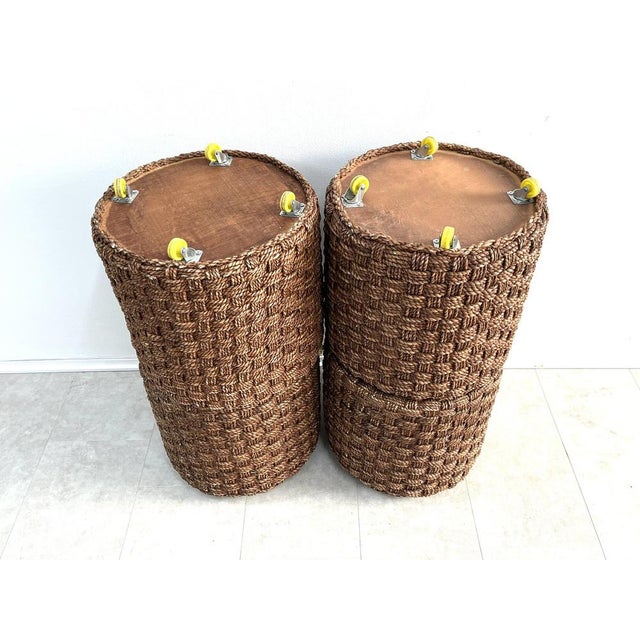 Wood Rattan and Woven Cane Coffee Table and Stools in the style of Audoux Minet, France, 1950s, Set of 5 For Sale - Image 7 of 9