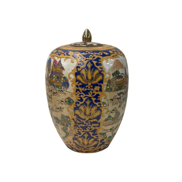 Beige Vintage Style Beige Blue Hunting Scene Graphic Porcelain Art Jar For Sale - Image 8 of 13