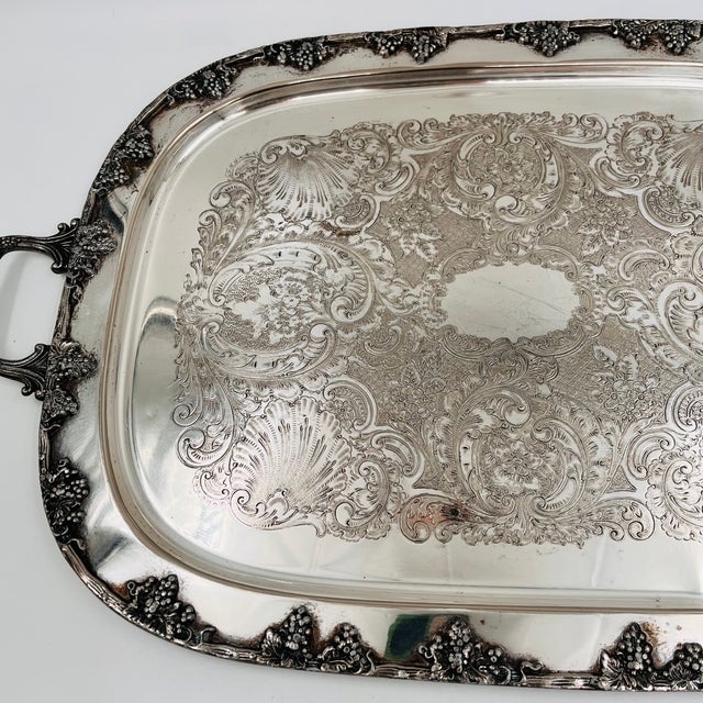 Vintage XL Silverplated Tray Grape, Vine and Scallop Shell Details For Sale - Image 12 of 16