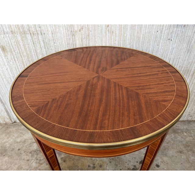 1930s French Louis XVI Style Marquetry Inlaid Gilt Bronze Circular Round Accent Table For Sale - Image 5 of 10