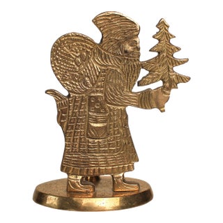 Vintage Brass Santa Claus Christmas Taper Candle Holder For Sale