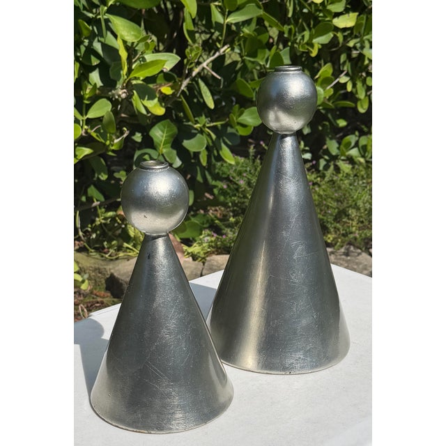 Vintage Sculptural Postmodern Ceramic Candleholders, Graduated Pair For Sale - Image 4 of 12