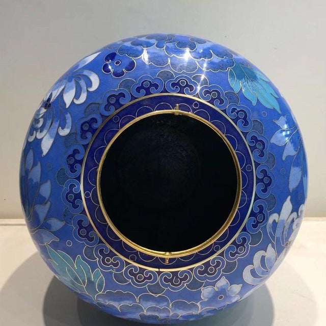 Blue Vintage Cloisonné Enamel Blue Floral Lidded Ginger Jar With Wooden Stand For Sale - Image 8 of 8