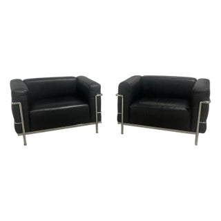 Pair of 'Lc3' Black Leather Club Chairs by Le Corbusier for Cassina, Signed For Sale