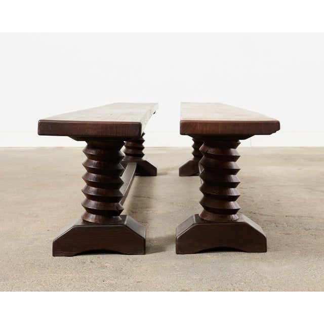 Mid 20th Century Pair of Charles Dudouyt Attributed French Oak Corkscrew Benches For Sale - Image 5 of 12