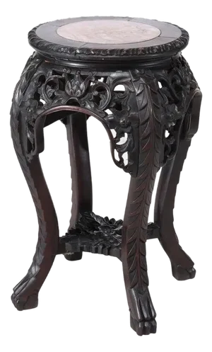 Antique Chinese Floral Carved Hardwood Stand With Rouge Marble Top Urns C1920