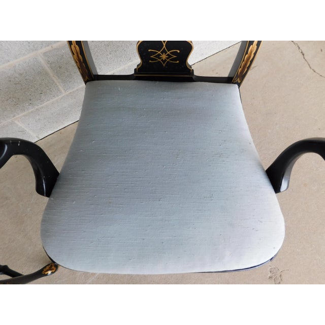 Vintage Georgian Style Chinoiserie Decorated Black Lacquer Arm Chairs - A Pair For Sale - Image 15 of 18