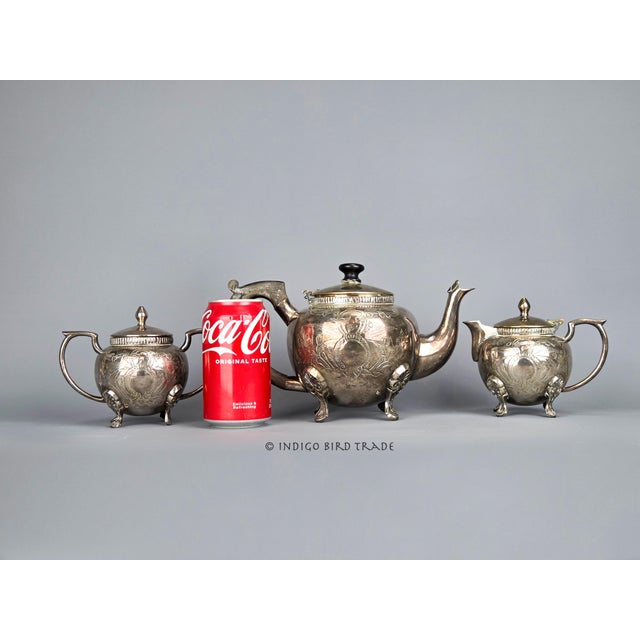 Victorian Antique Victorian Silver Plated Tea Set of 3 - Teapot Creamer and Sugar Bowl With Lid For Sale - Image 3 of 14