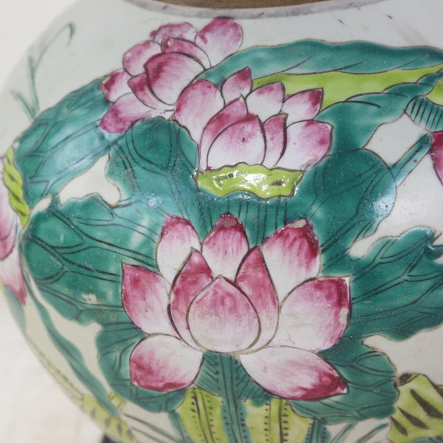Jade Vintage Famille Rose Porcelain Vase Lamp With Pink Lotus Blossom and Water Lily Motif For Sale - Image 8 of 14
