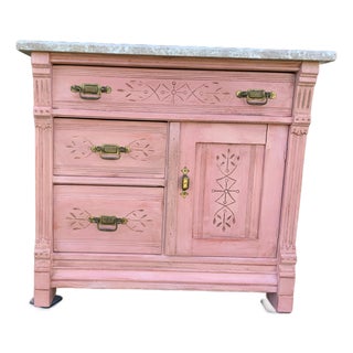 Antique Victorian Eastlake Spoon Carved Commode With Pink Marble Top For Sale