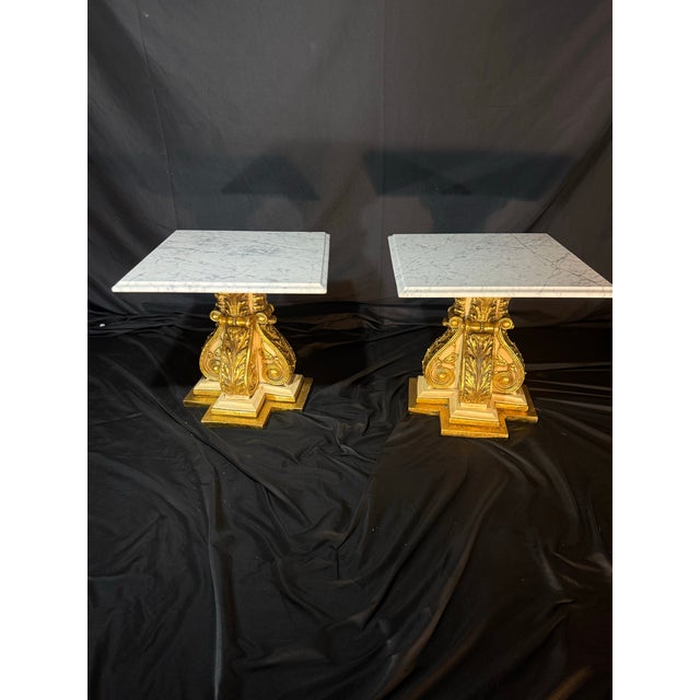 1970s Pair of 1970 Fuggiti Studios Gilt Marble Top Pedestal Side Tables For Sale - Image 5 of 12
