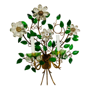 Antique French Maison Baguès Floral Bouquet Gilt 2 Light Sconce With Translucent Crystal Flowers and Green Leaves, Circa 1920s