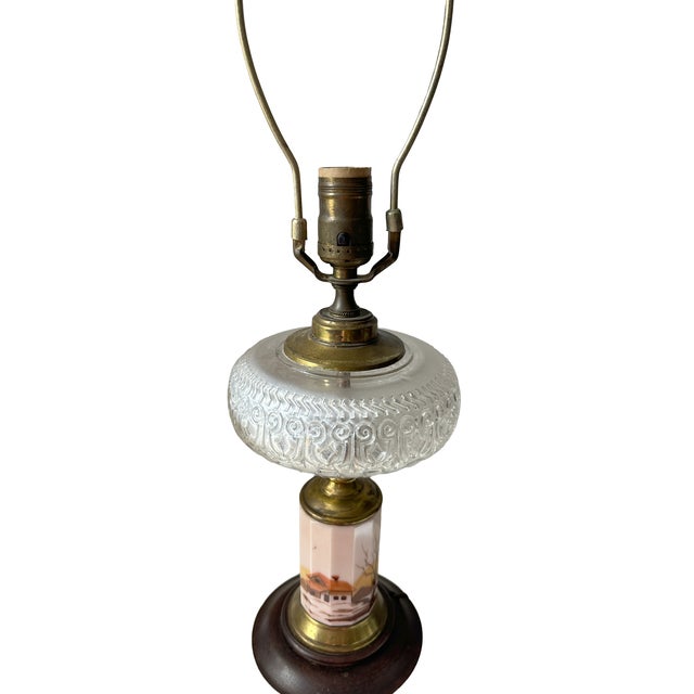 Antique Victorian Hand Painted Custard Glass EAPG Electrified Oil Lamp This is a late 19th century Victorian era oil lamp...