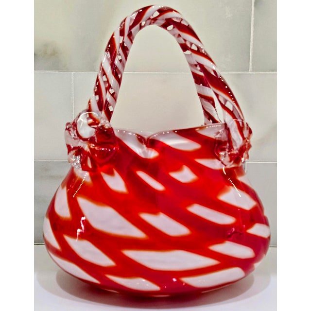 Vintage Murano-Style Red & White Hand-Blown Art Glass Handbag Purse Vase For Sale - Image 4 of 9