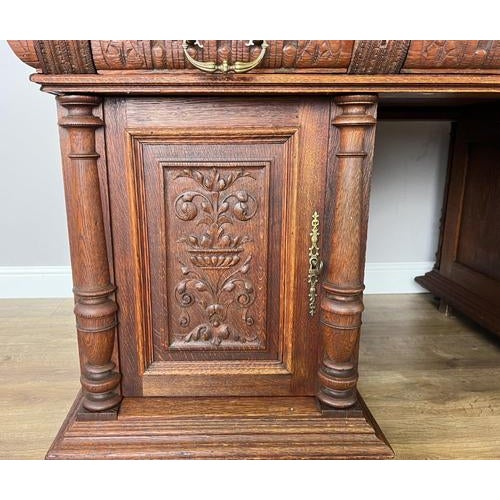 Antique French Style Oak Double Sided Carved Pedestal Desk For Sale - Image 9 of 18