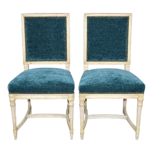Pair of Creme Painted Distressed French Louis XVI Style Side Chairs