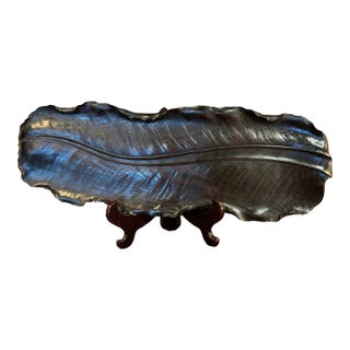Antique Japanese Carved Keyaki Wood Banana Leaf Tray – Signed Ichiyama – Meiji Period, C. 1860 – 28” [Kh] For Sale