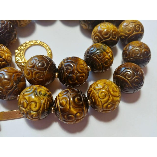 Brown Vintage Carved Tiger's Eye Necklace, Large Carved Natural Tiger Eye Beads, Sterling Silver Gold-Plated Clasp, Statement Necklace For Sale - Image 8 of 9