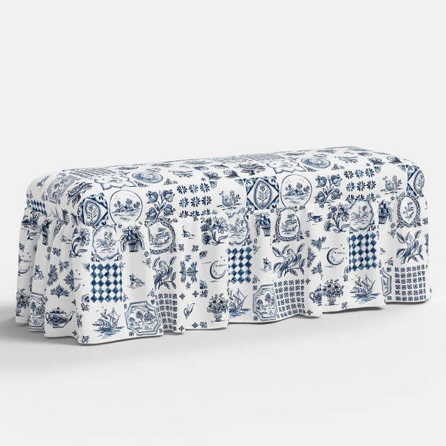 Nia Ruffle Dining Bench in Delft Print For Sale In Chicago - Image 6 of 6