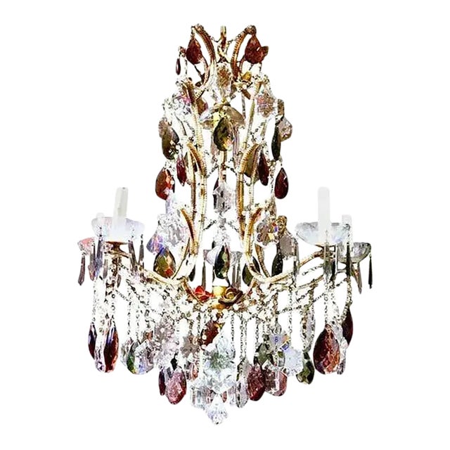 Mid 20th Century French Neoclassical Louis XV Manner 5-Light Bronze Amethyst Crystal Chandelier For Sale