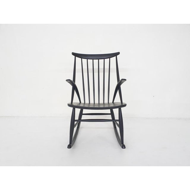 Black Black Wooden Model Iw3 Rocking Chair attributed to Illum Wikkelso for Niels Eilersen, Denmark, 1958 For Sale - Image 8 of 9