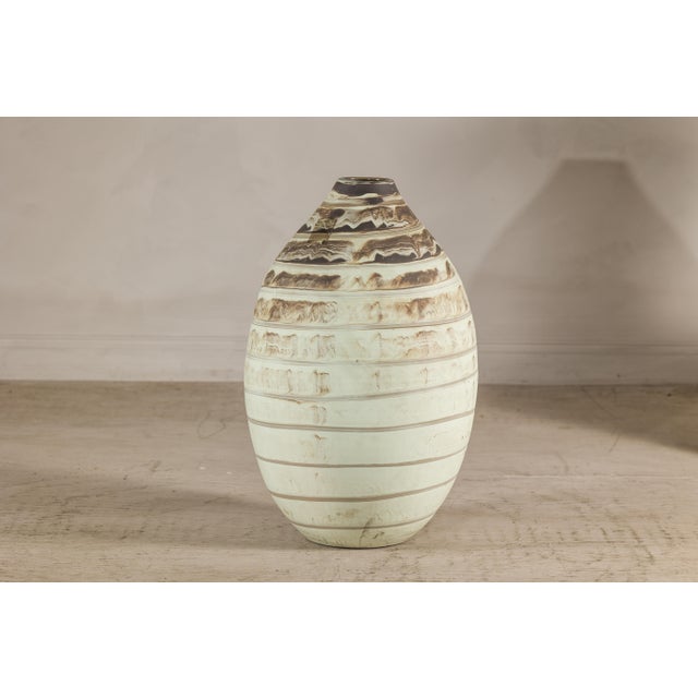 Large Artisan Cream Glazed Ceramic Vase with Brown Striated Bands For Sale In New York - Image 6 of 17