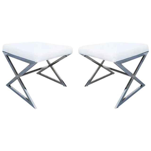 Chrome X-Base Stools in the Manner of Milo Baughman - a Pair For Sale