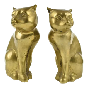 Mid-Century Brass Sitting Cat Figurine Bookends - a Pair