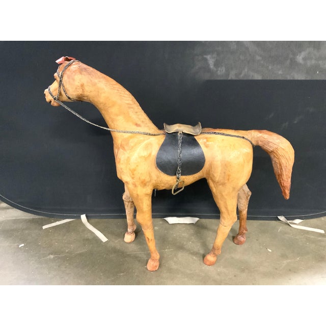 Vintage 1950s Tall Brown Leather Standing Horse Sculpture For Sale - Image 4 of 11